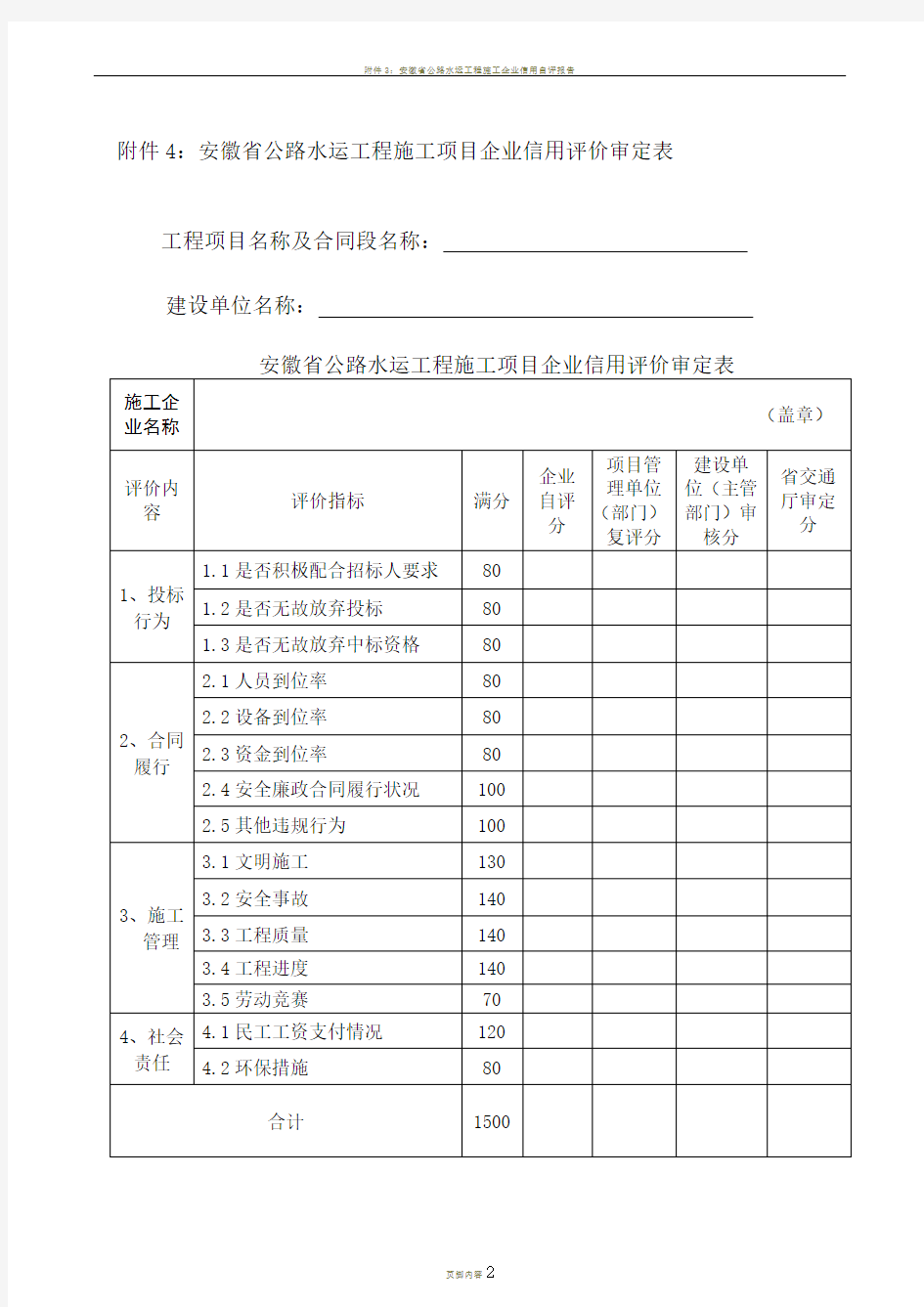 安徽省公路水运工程施工企业信用评价审定表