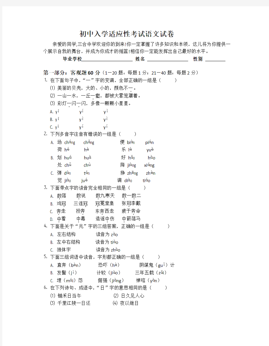 初中入学适应性考试语文试卷(含答案)-