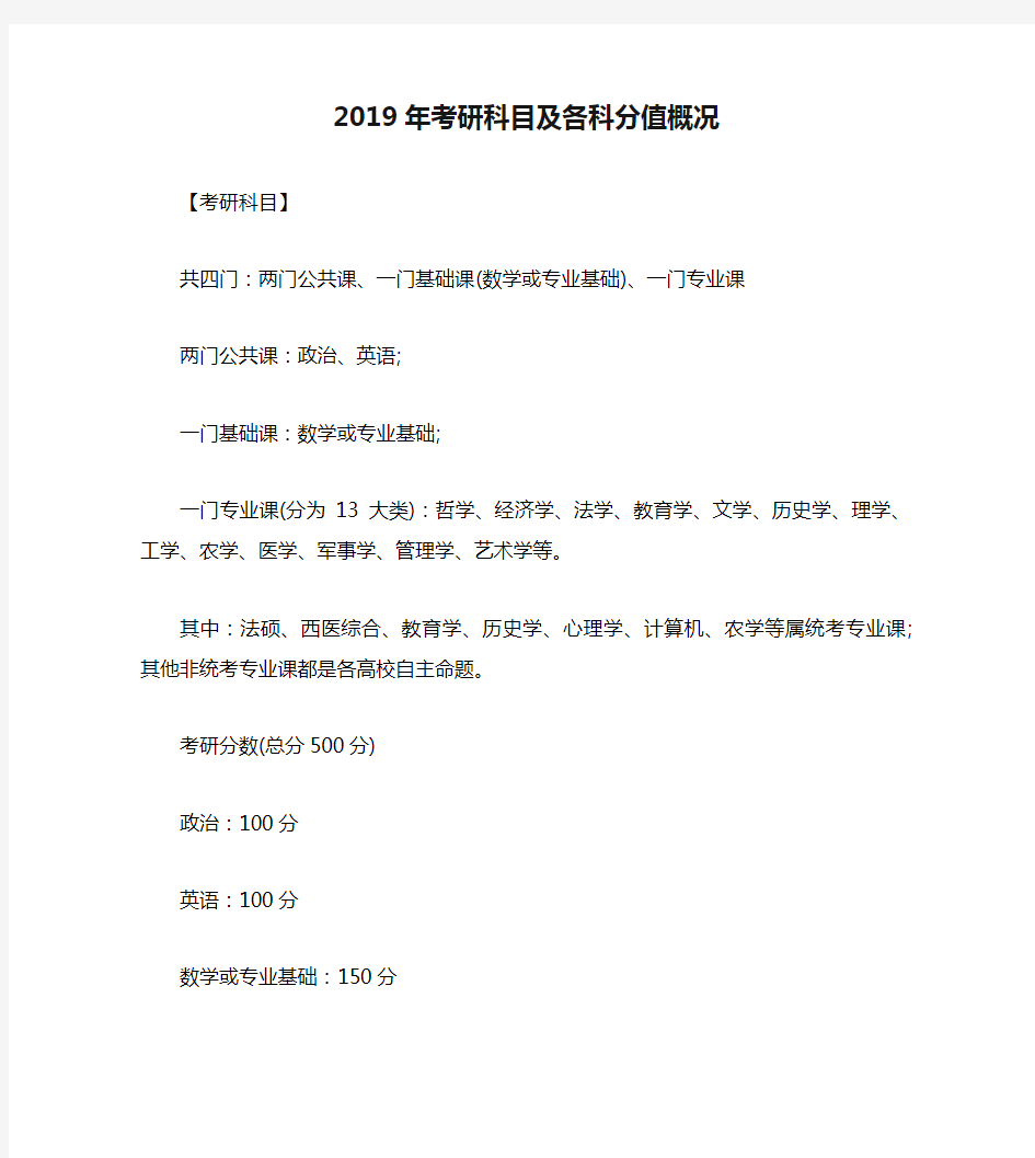 2019年考研科目及各科分值概况