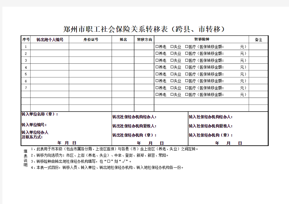 郑州市职工社会保险关系转移表(跨县、市转移)