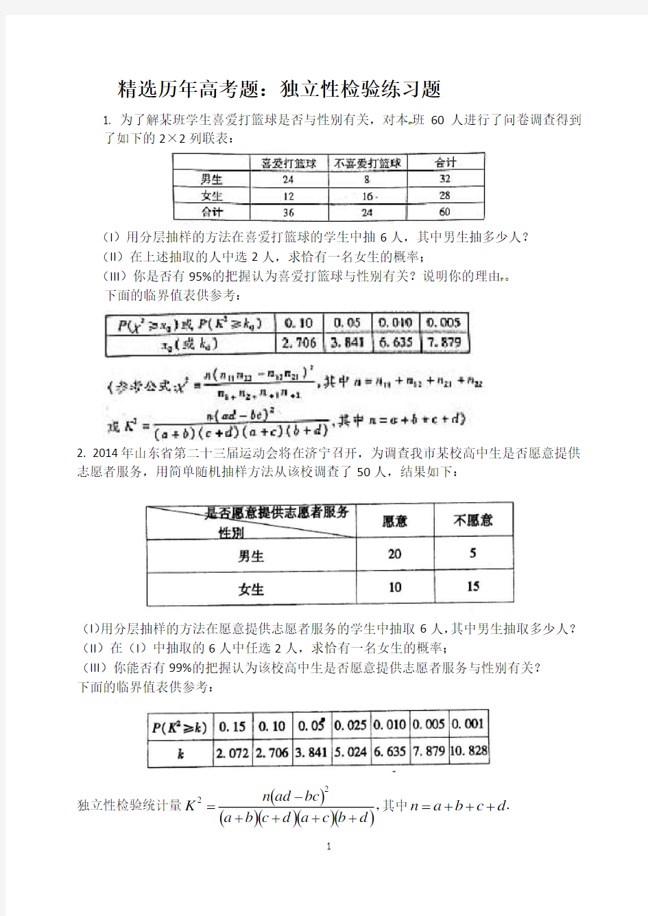 独立性检验(历年高考)练习题