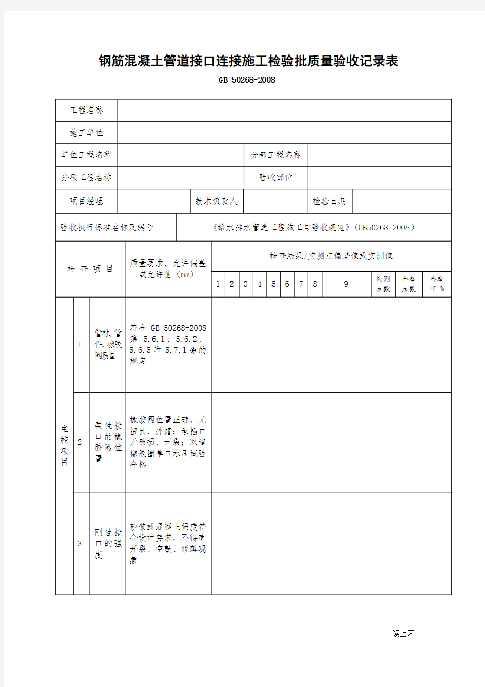 钢筋混凝土管道接口连接施工检验批质量验收记录表