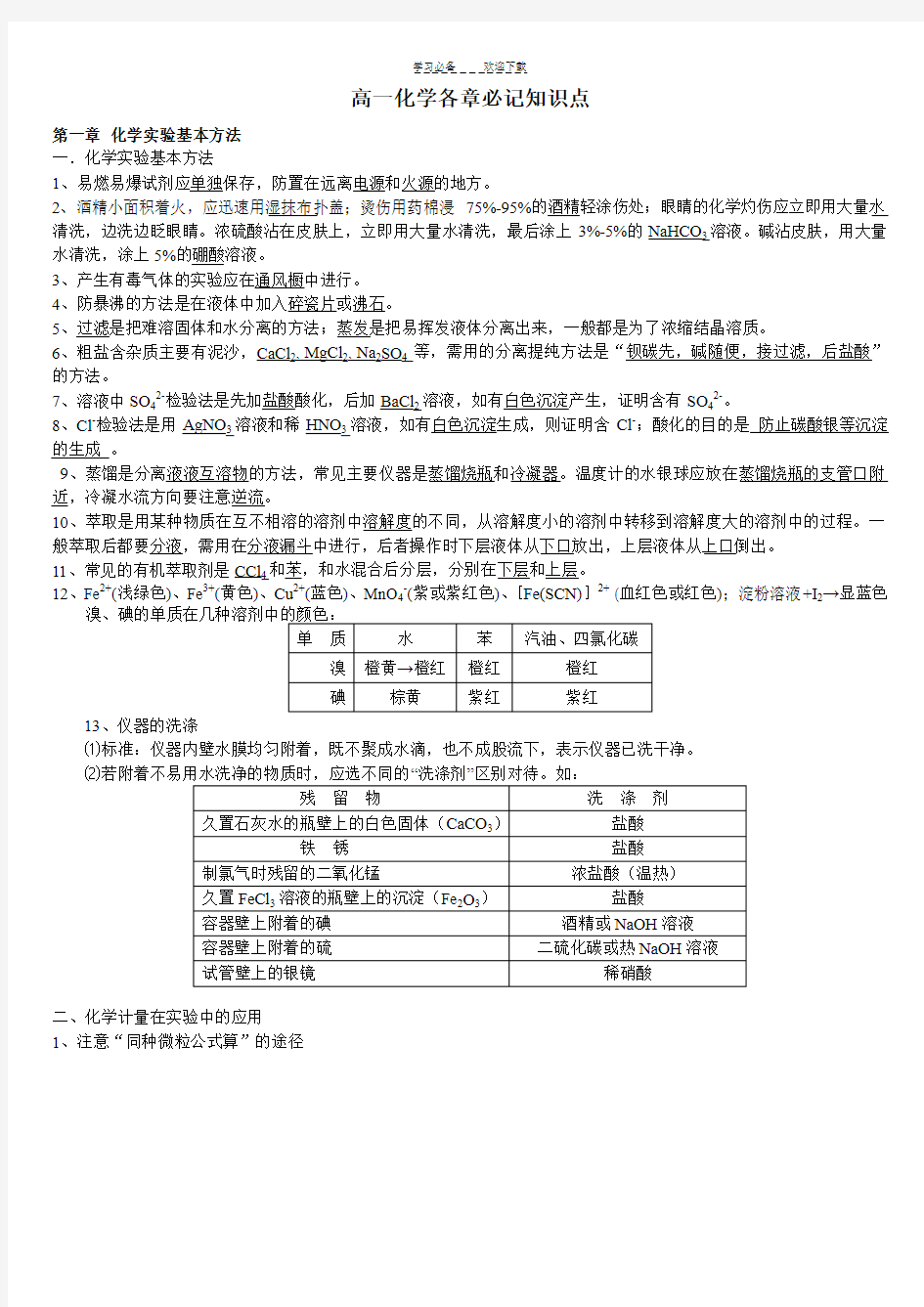 高中化学全课本知识点总结记忆