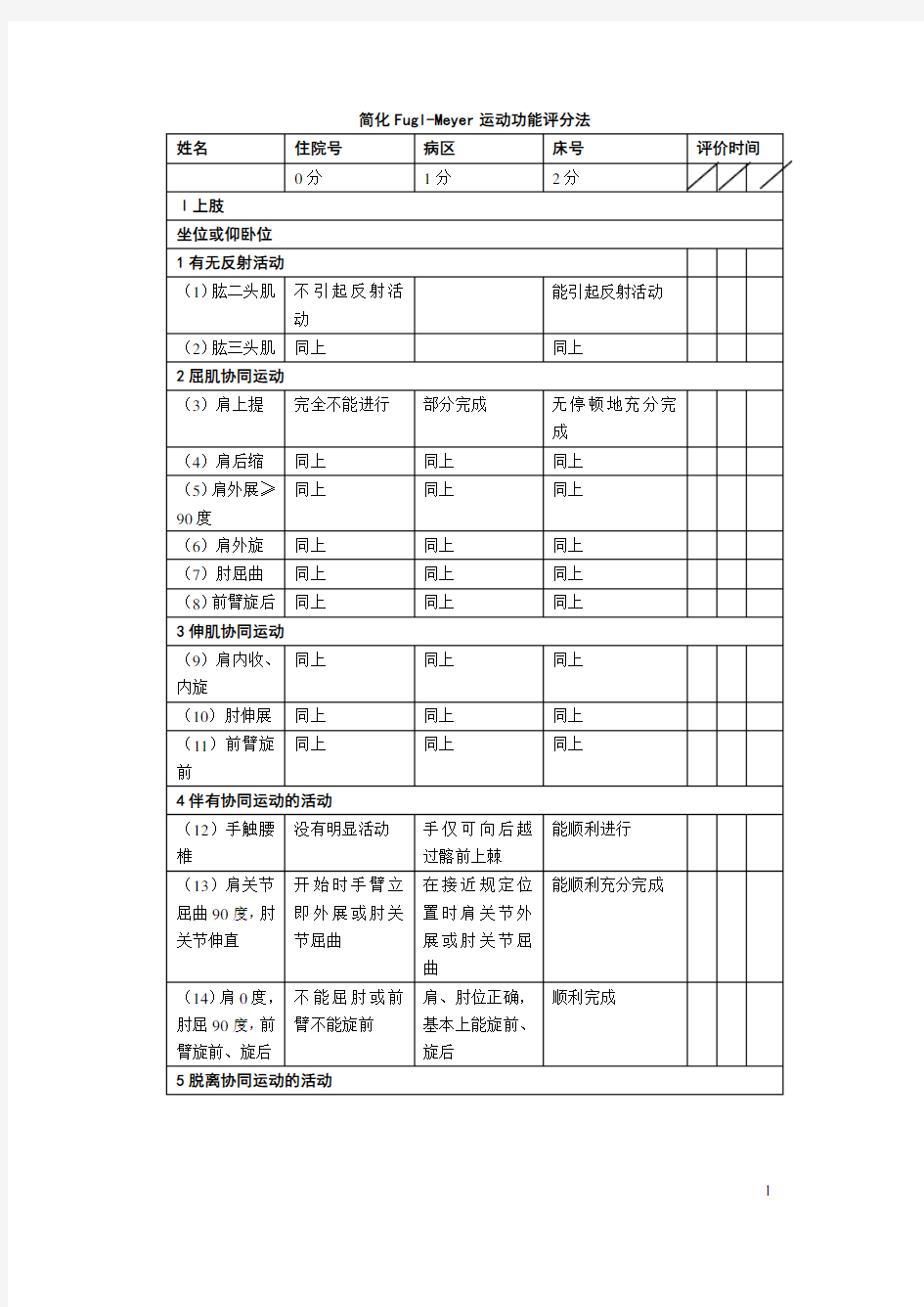 Fugl-Meyer运动功能评定量表