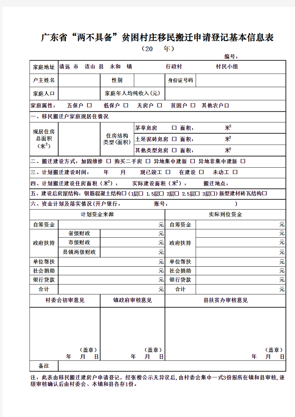 广东省“两不具备”贫困村庄移民搬迁申请登记基本信息表