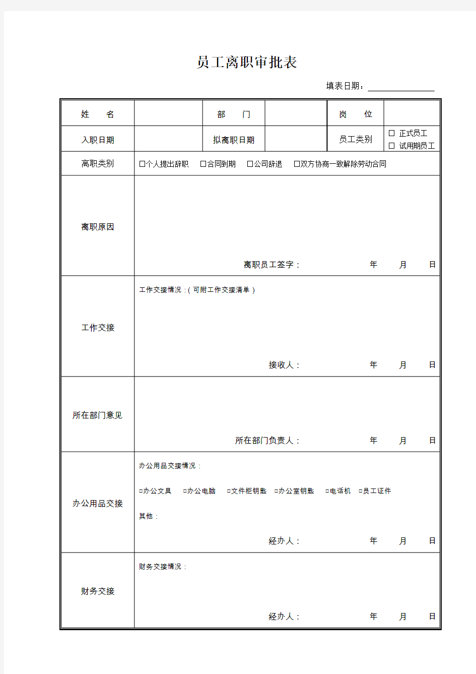 员工离职审批表