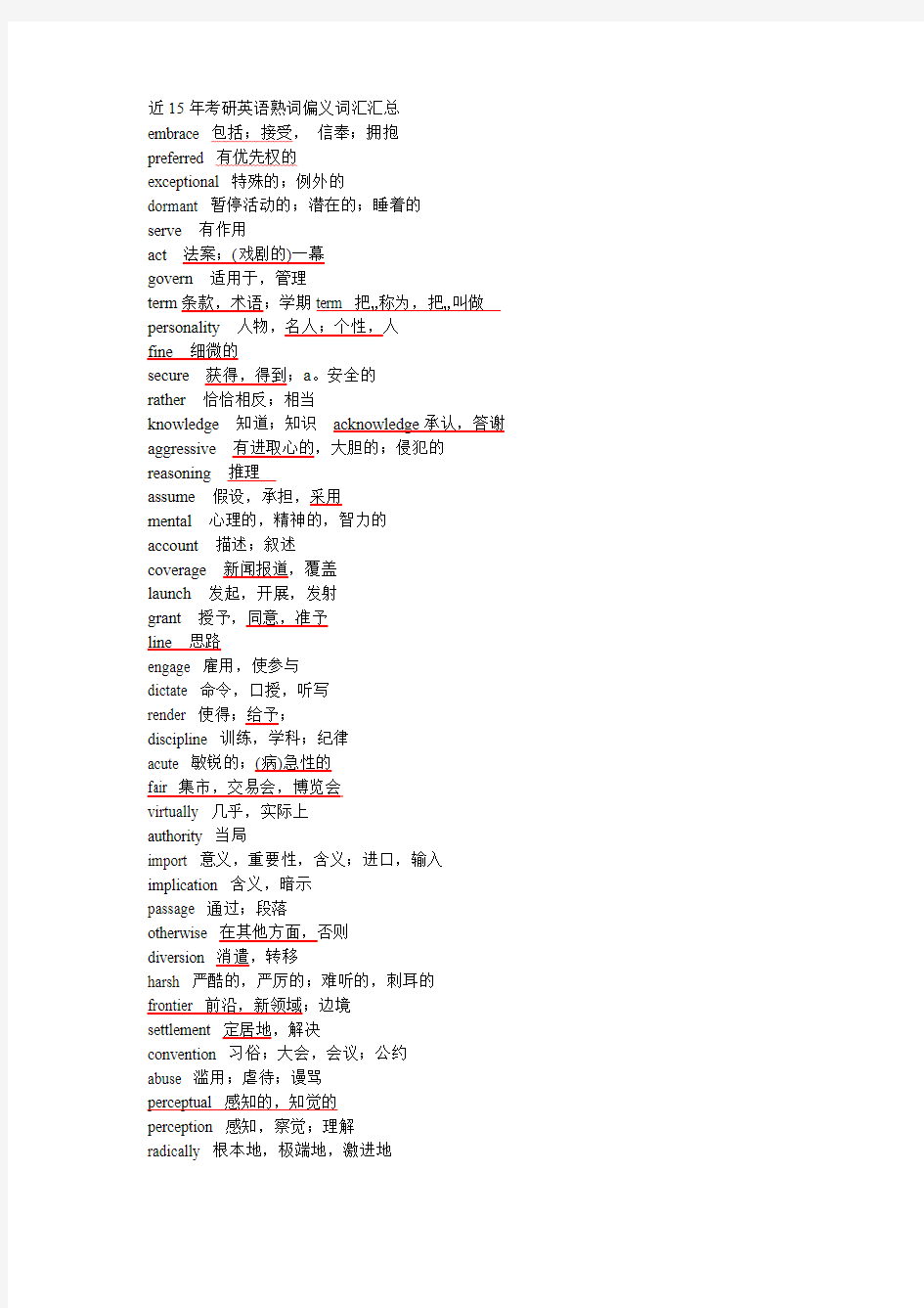 近15年考研英语熟词僻意熟词偏意词汇汇总,无需积分