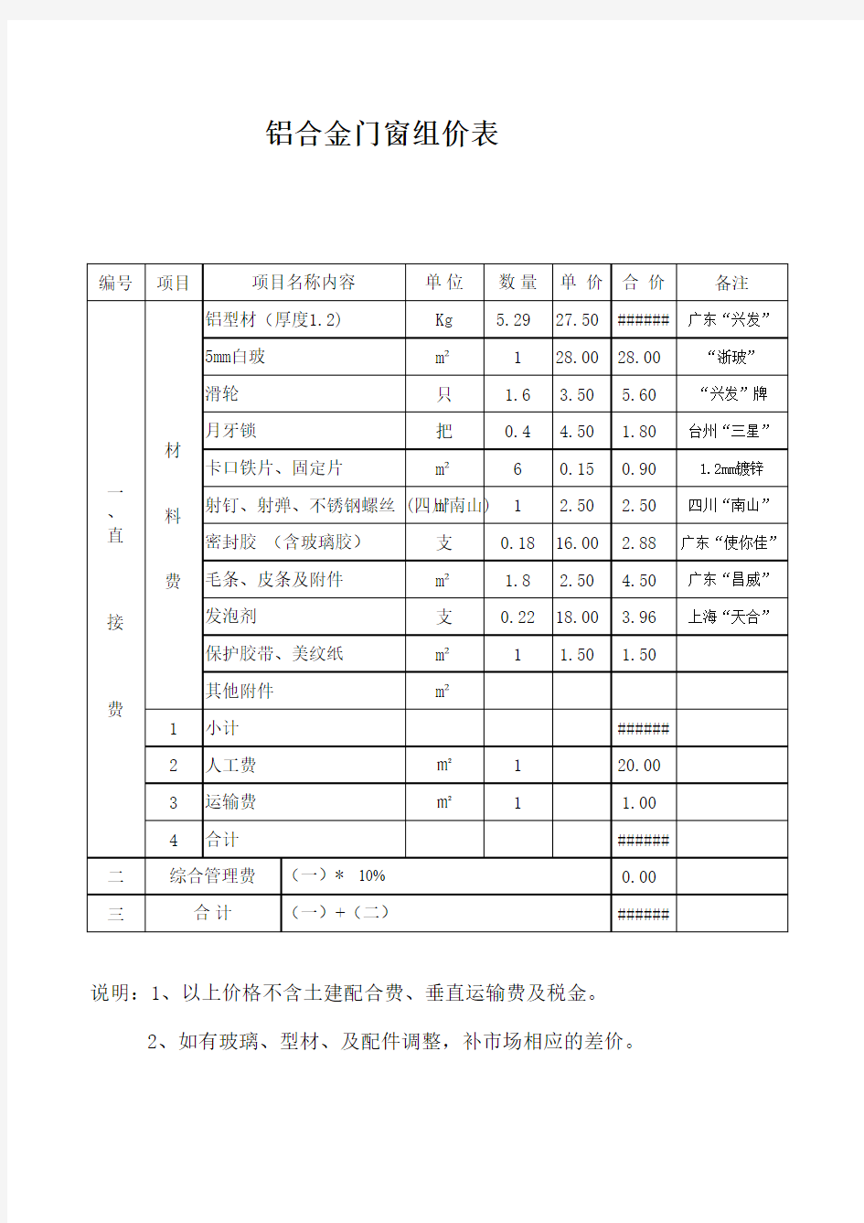 铝合金门窗报价表