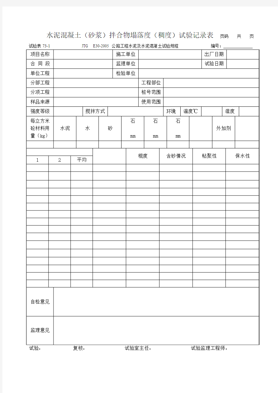 水泥混凝土(砂浆)拌合物塌落度(稠度)试验记录表