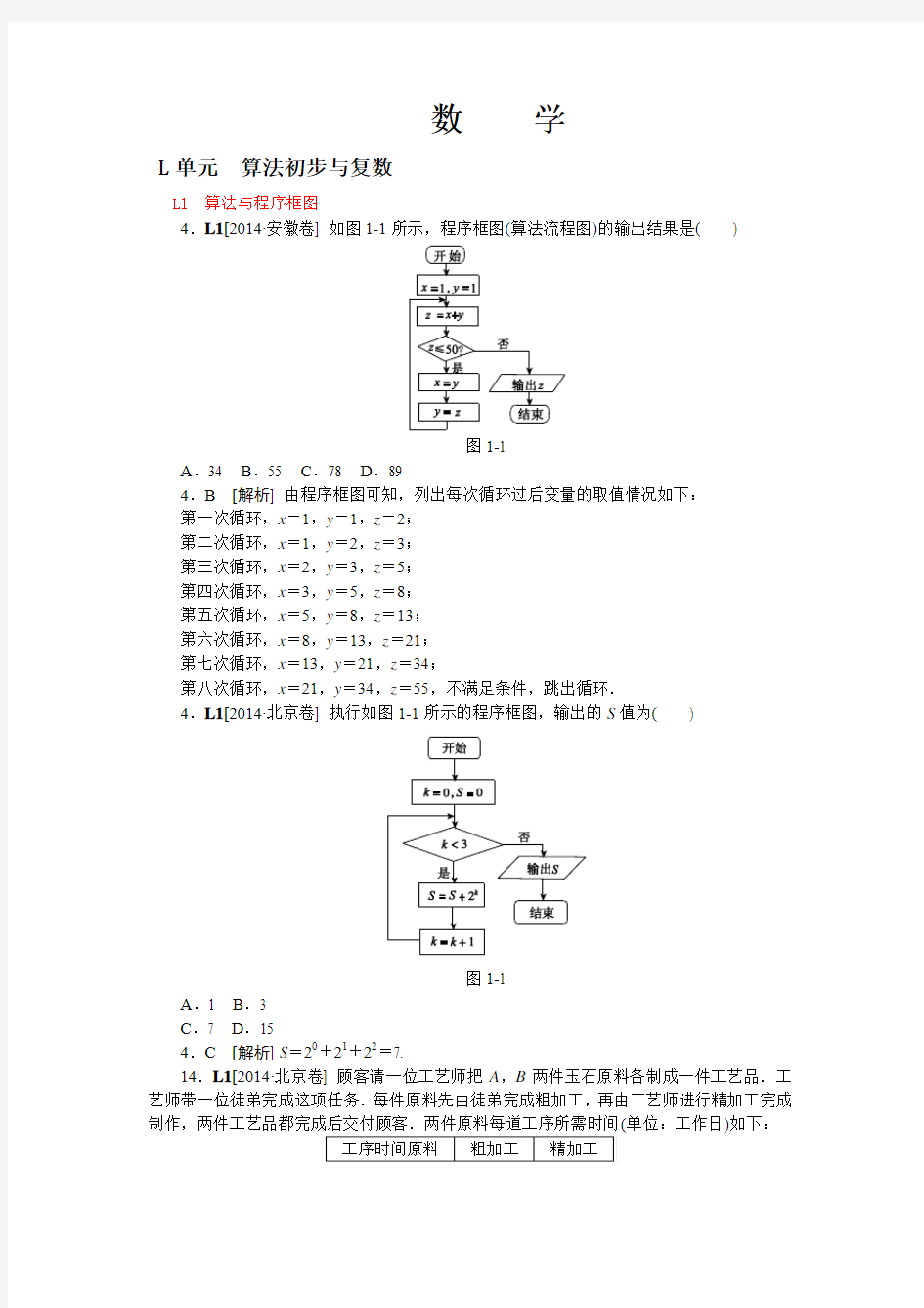 2014年高考文科数学真题解析分类汇编：L单元 算法初步与复数(纯word可编辑)