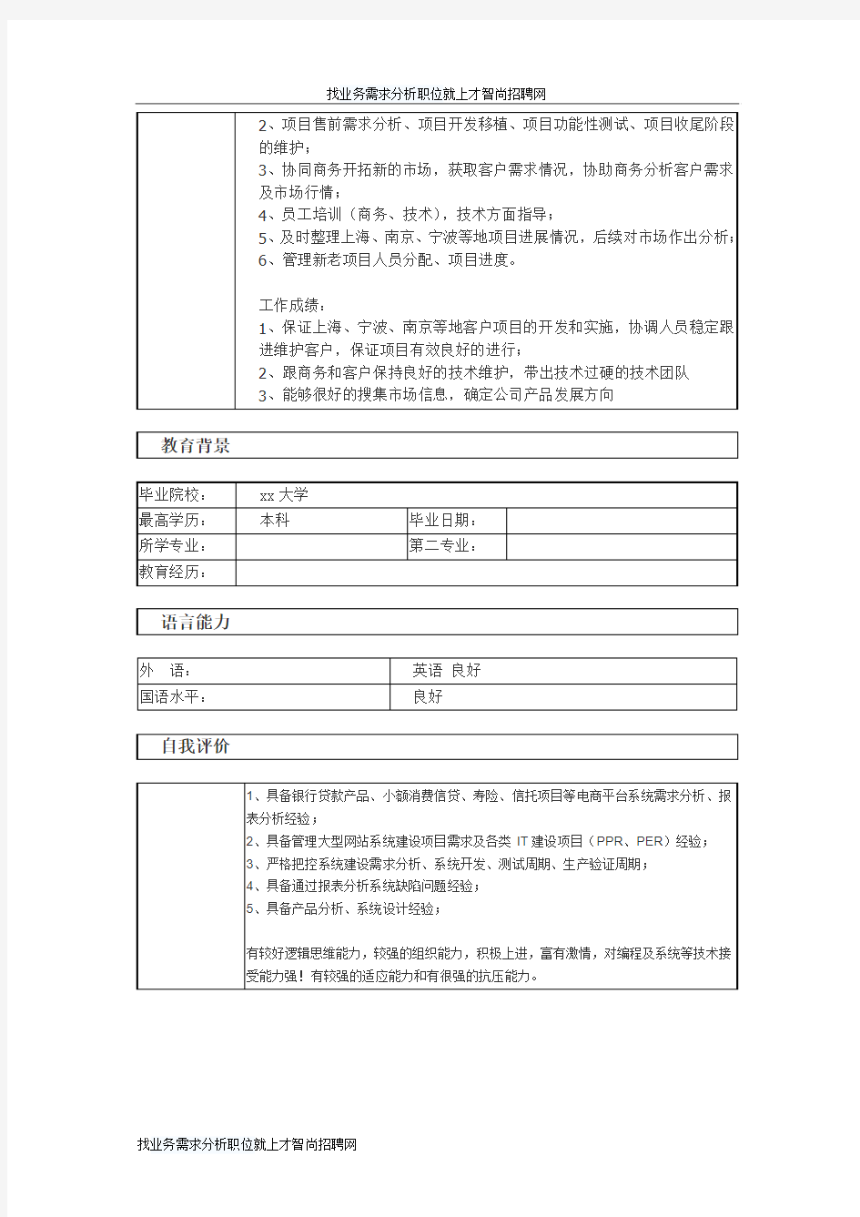 业务需求分析 个人简历模板