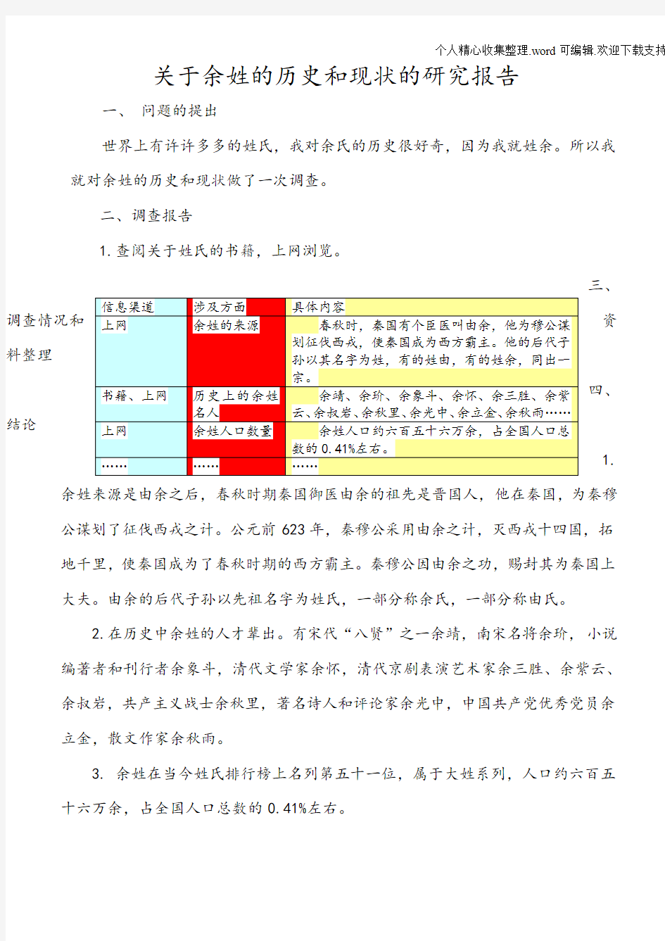 关于余姓的历史和现状的研究报告