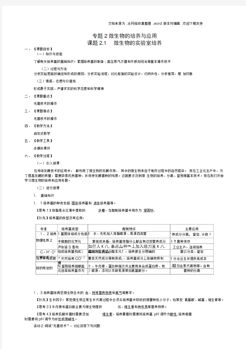 【人教版】生物选修一：2.1微生物的实验室培养教案设计