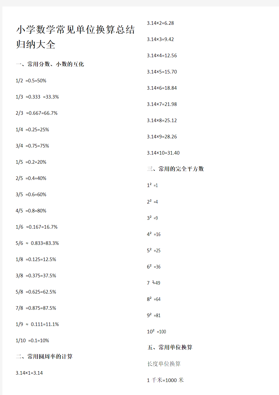 小学数学常见单位换算总结归纳大全