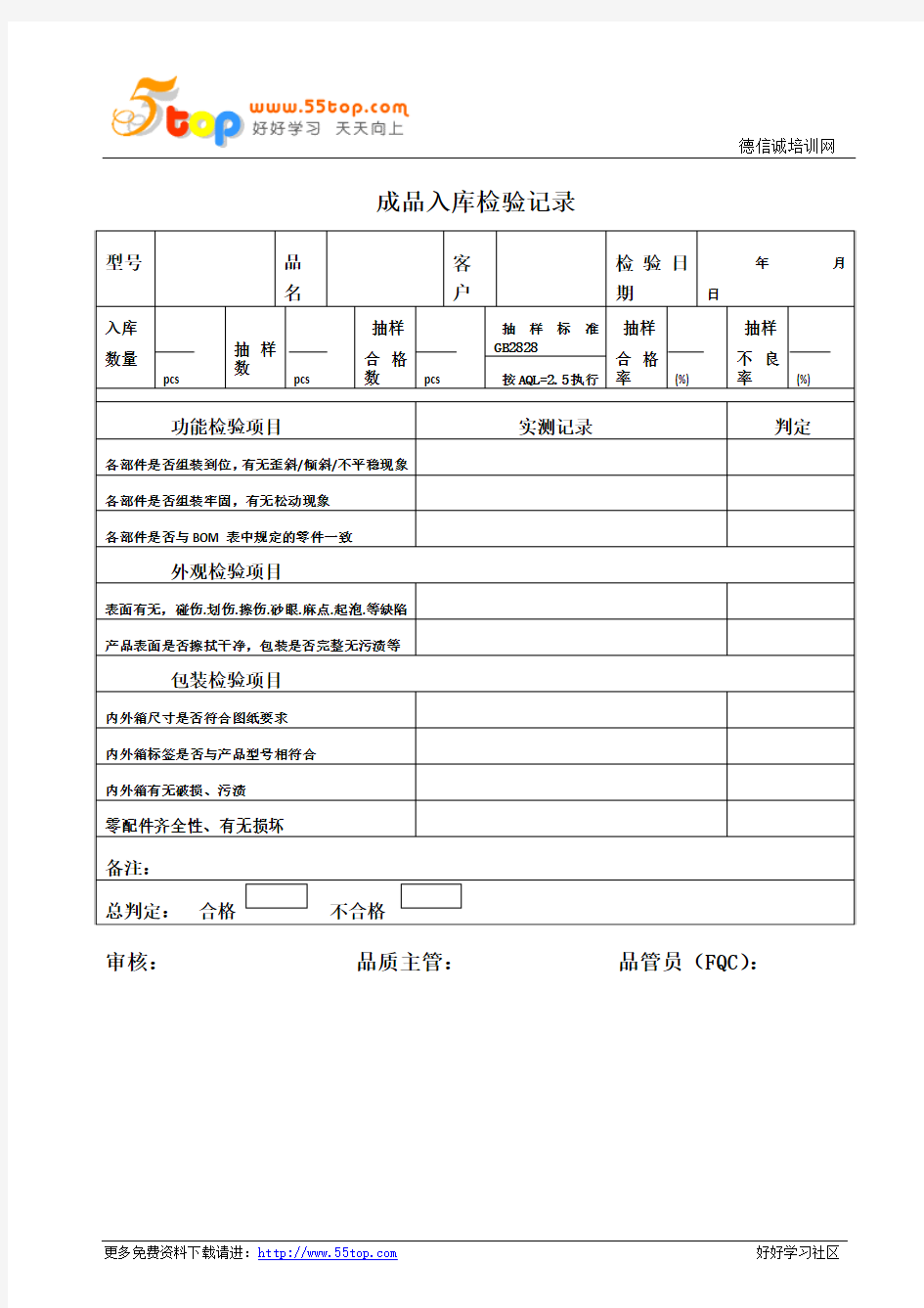 成品入库检验记录