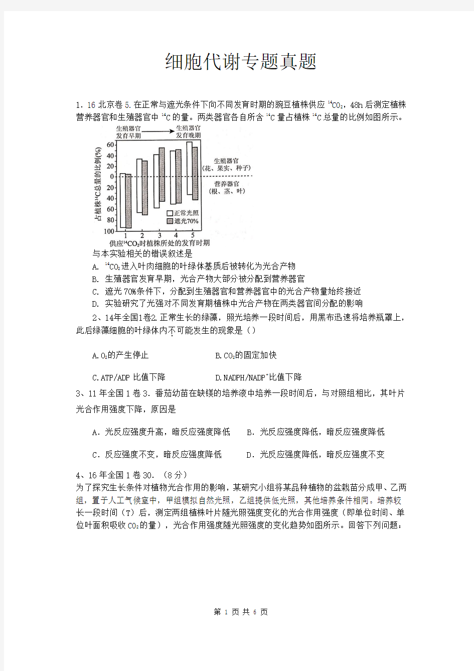 11-16年细胞代谢专题复习高考真题