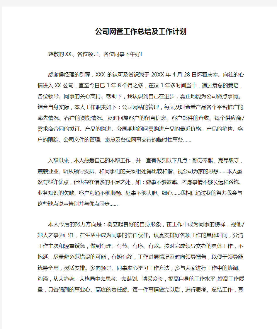 公司网管工作总结及工作计划