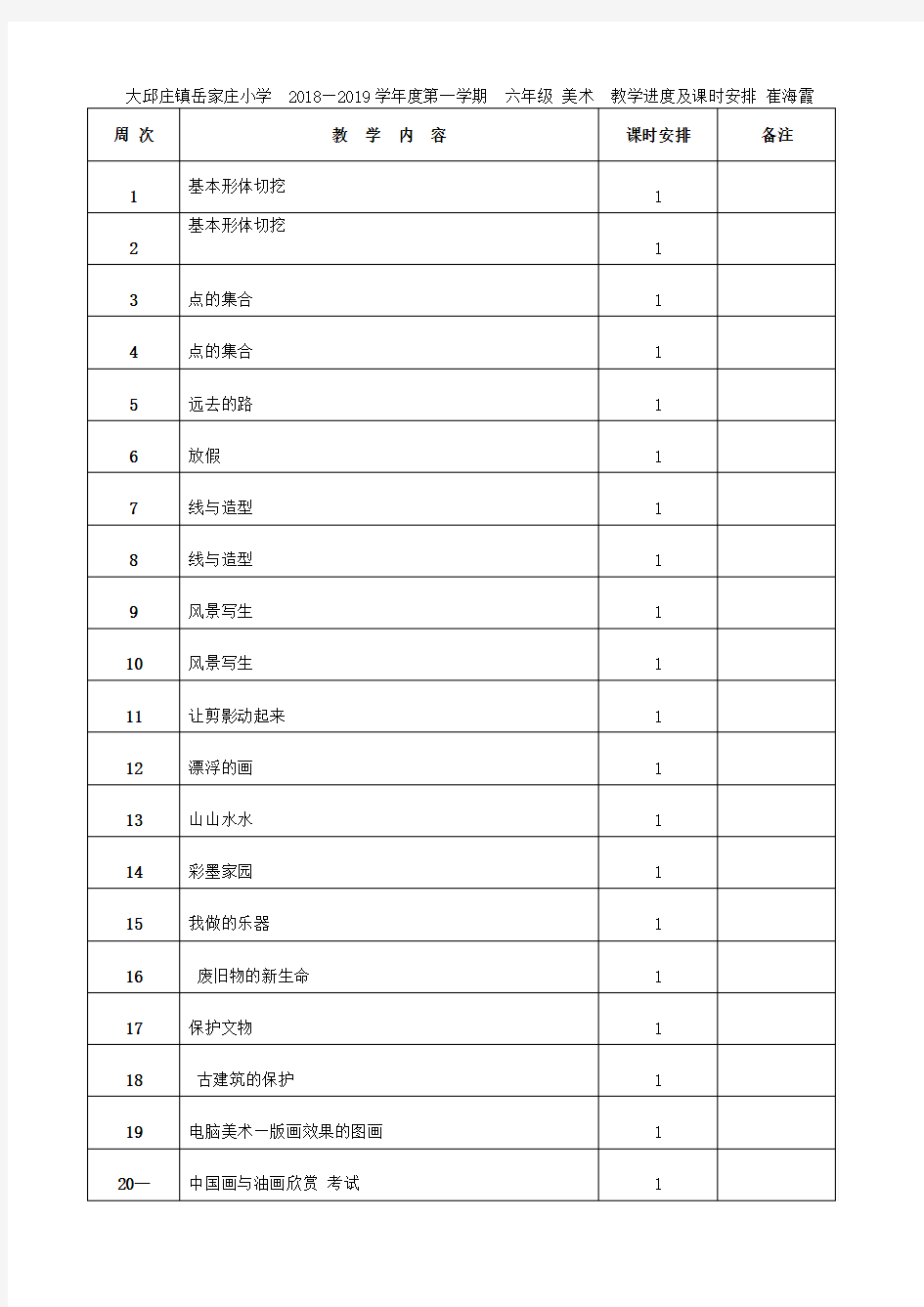 2018六年级美术进度表上册