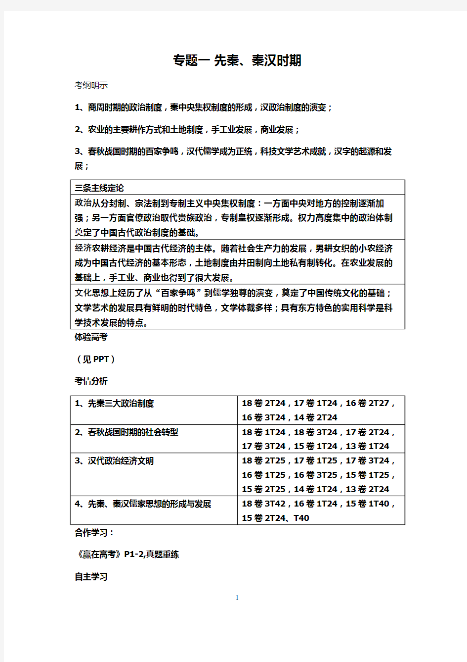 高三历史第二轮复习  专题一    先秦、秦汉时期