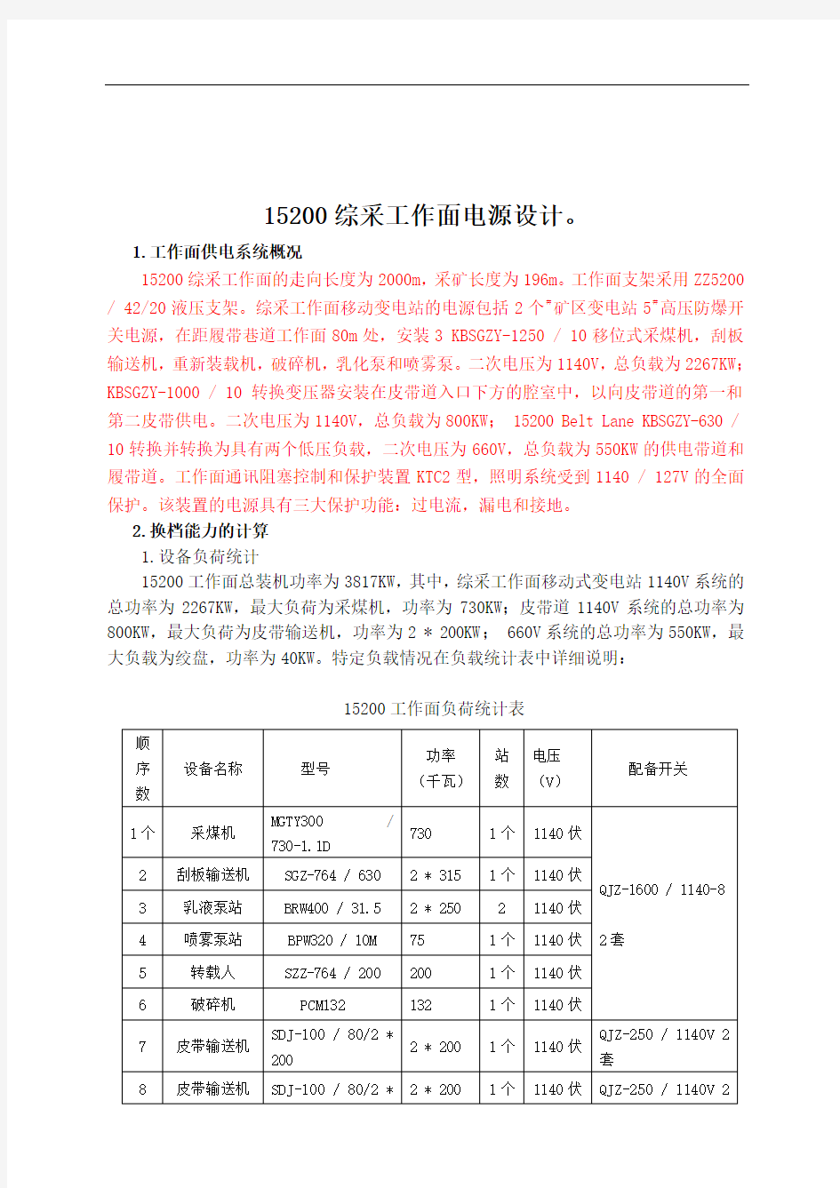 15200综采工作面供电设计方案分析