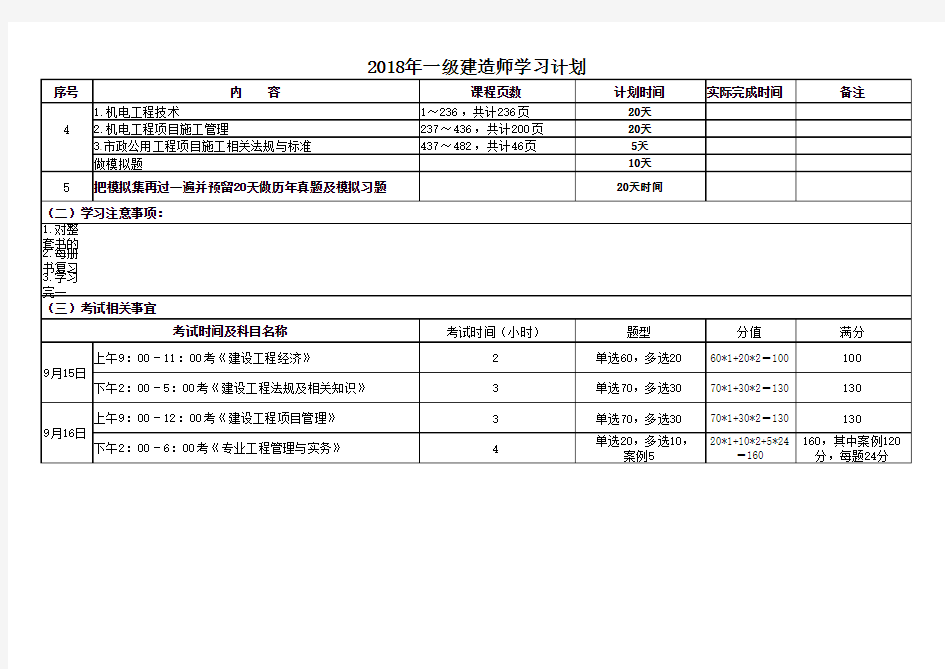 2018年一级建造师学习计划进度表