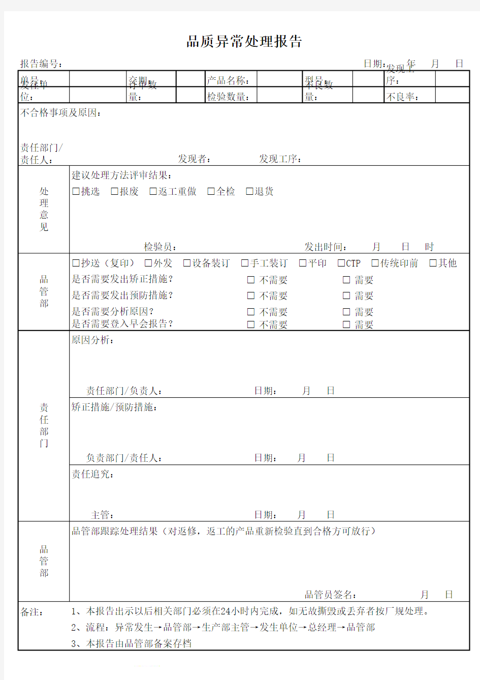 品质异常处理报告表