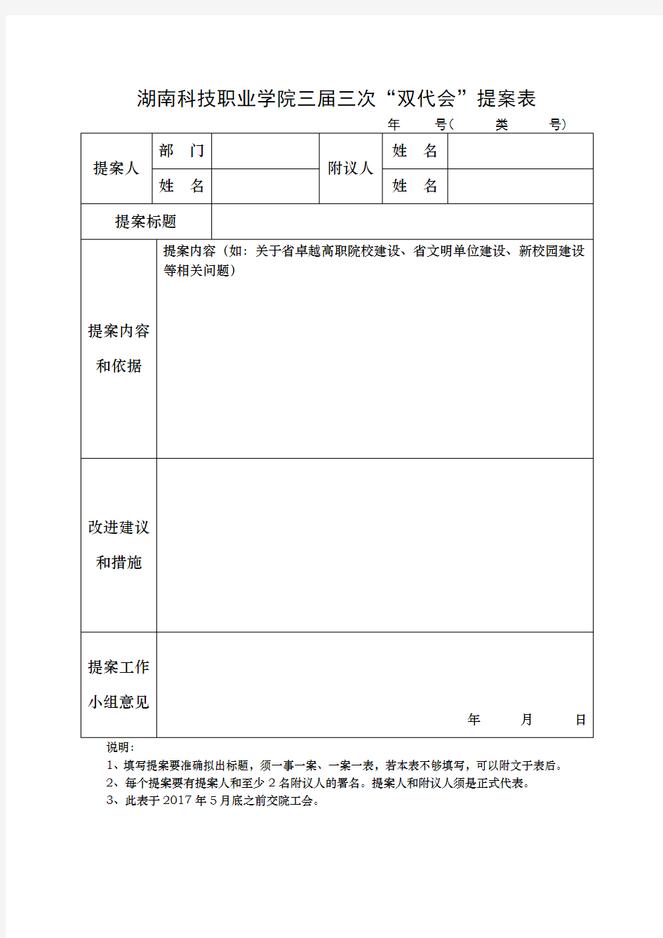 湖南科技职业学院职代会提案表(2017)