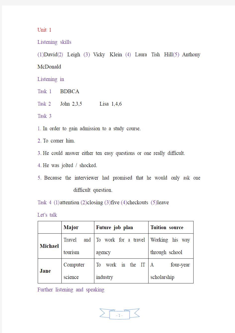 新视野大学英语视听说教程第二版第一册完整答案(含在线课程单元测试2)