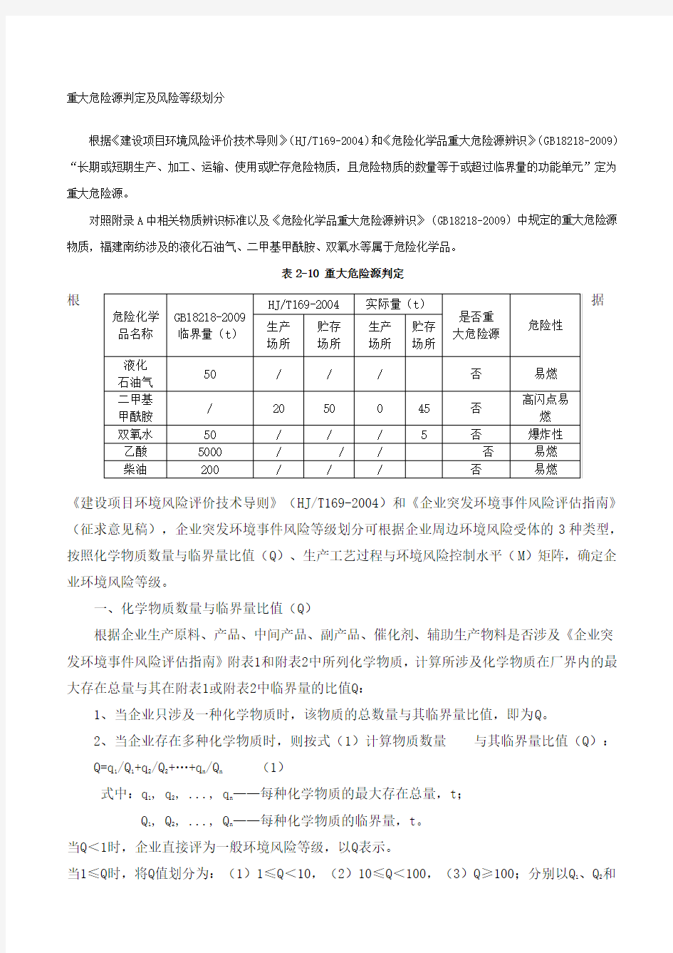 重大危险源判定及环境风险等级划分