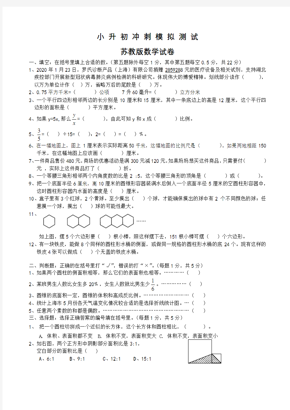 苏教版数学六年级小升初考试卷及答案解析