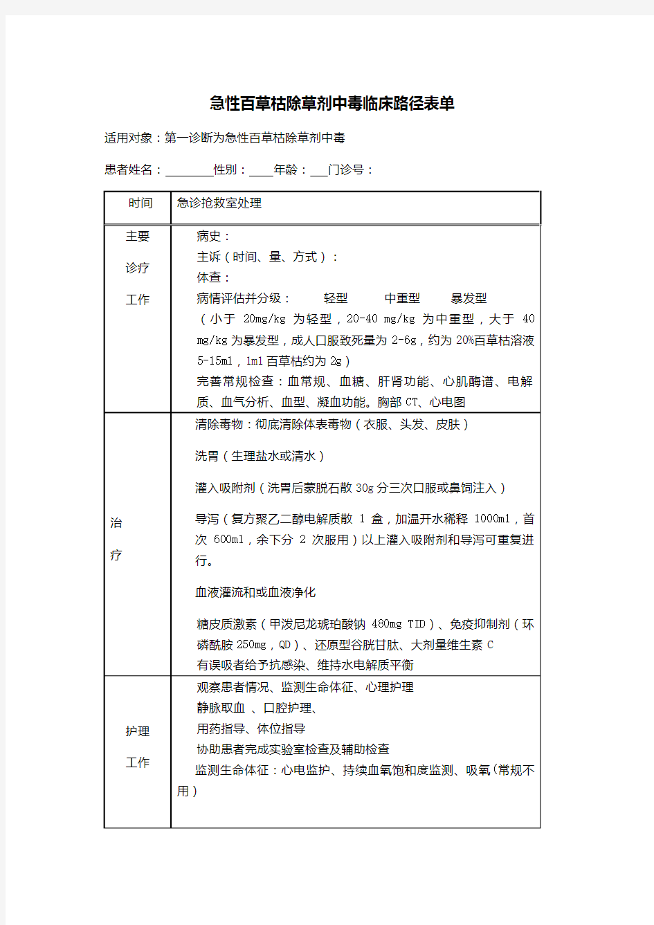 急性百草枯除草剂中毒临床路径表单