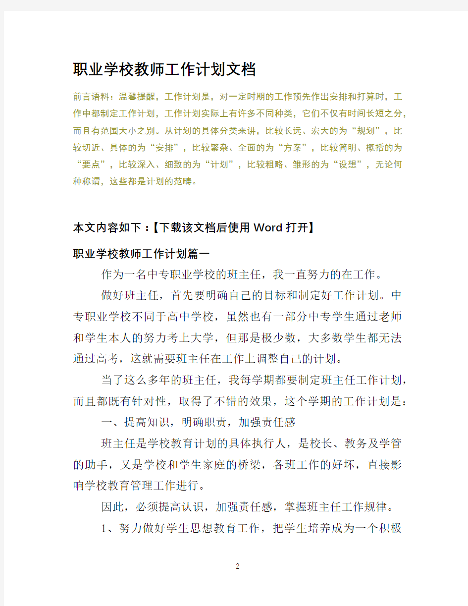 职业学校教师工作计划文档