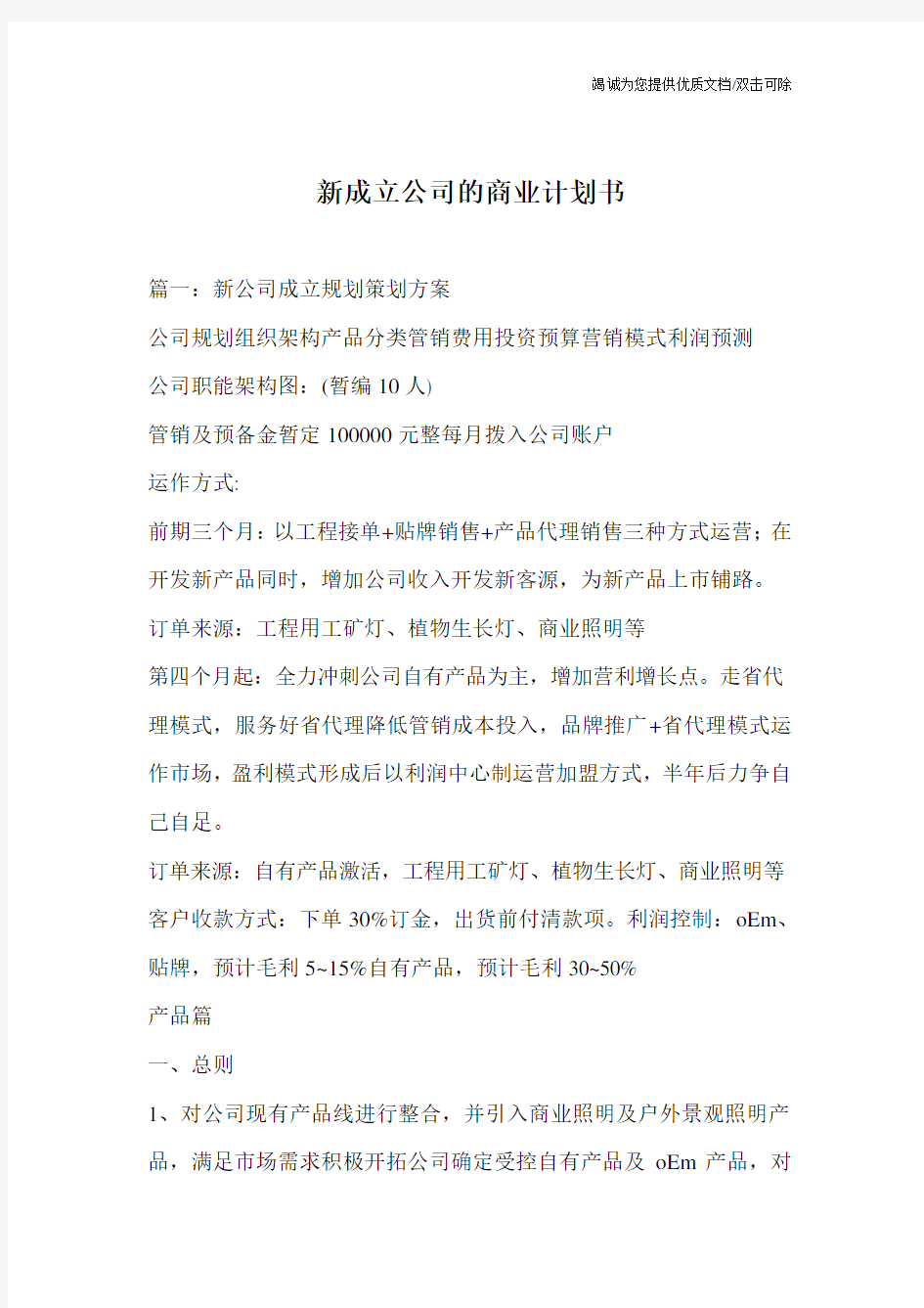 新成立公司的商业计划书