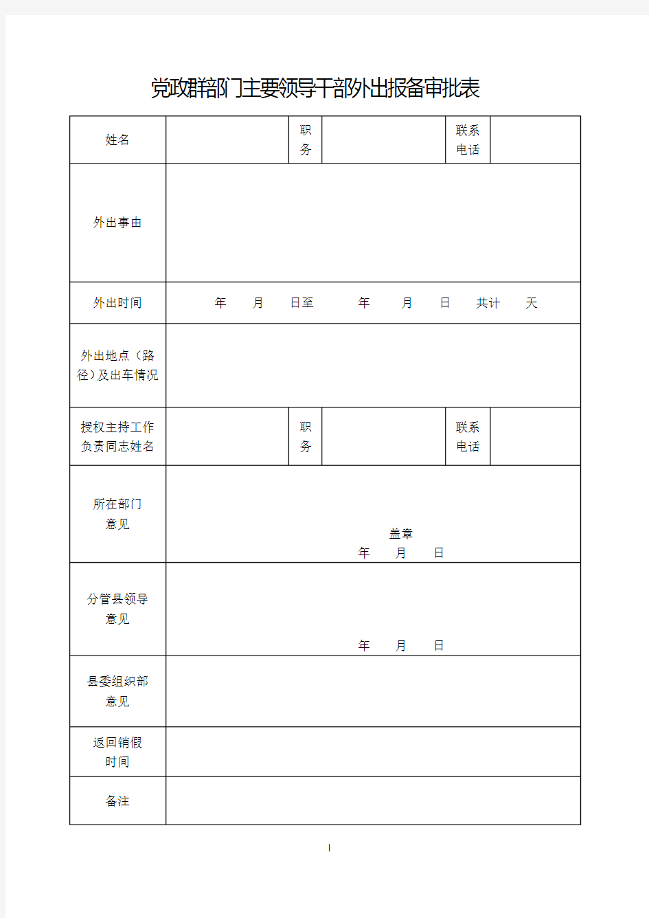 党政群部门主要领导干部外出报备审批表