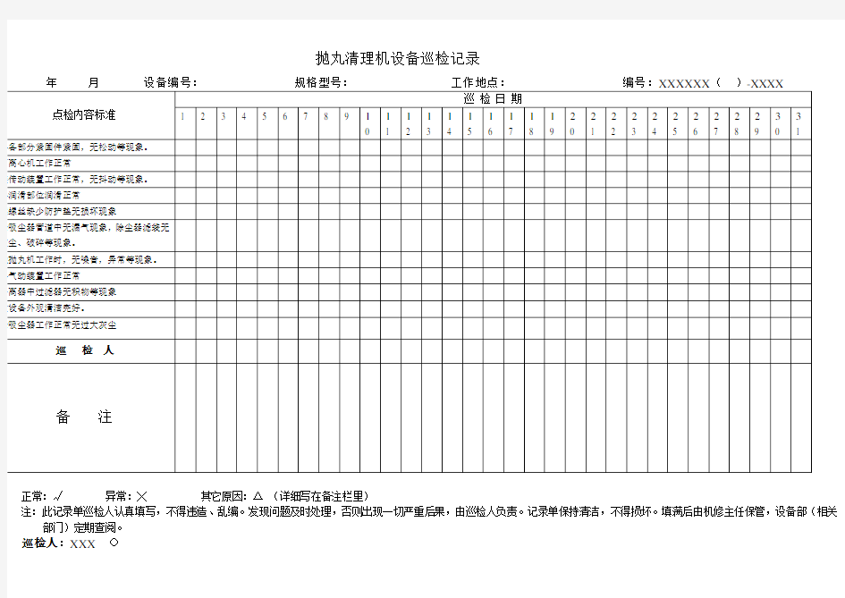 抛丸机运行点检表