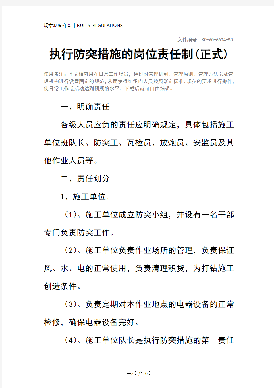 执行防突措施的岗位责任制(正式)