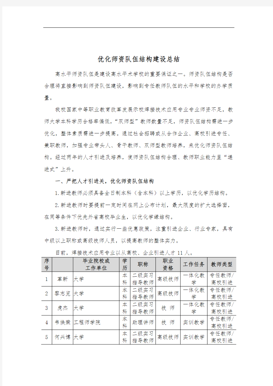 优化师资队伍结构总结