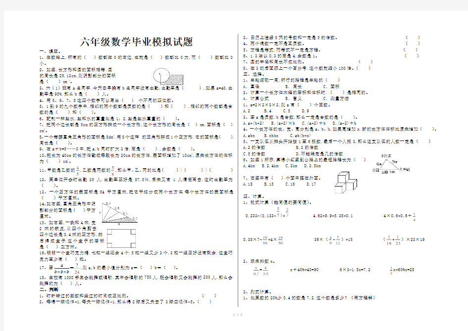 六年级数学毕业模拟试题