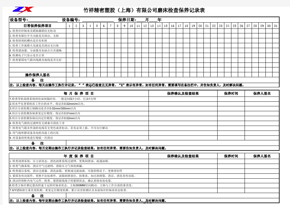 火花机检查保养记录表