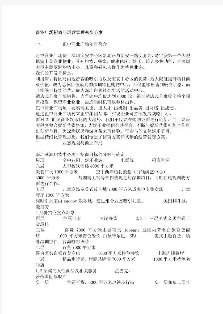 某商场招商与运营初步方案