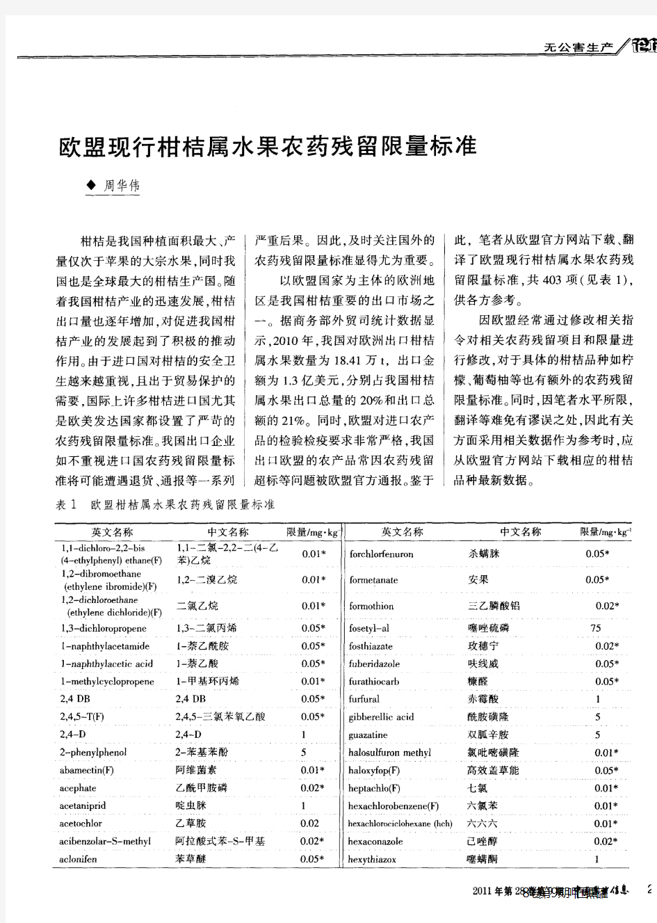 欧盟现行柑桔属水果农药残留限量标准 (1)