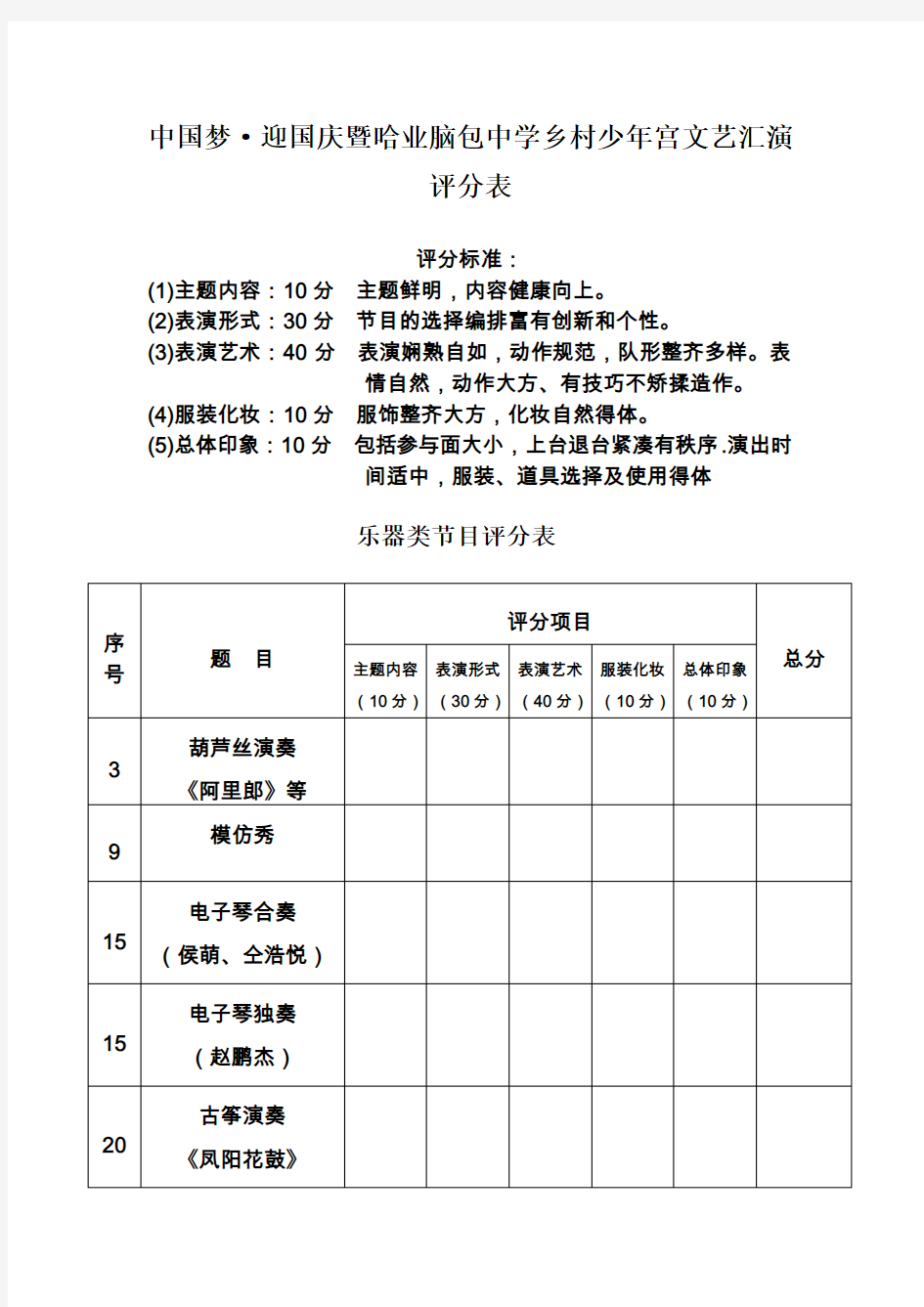 文艺汇演节目评分表