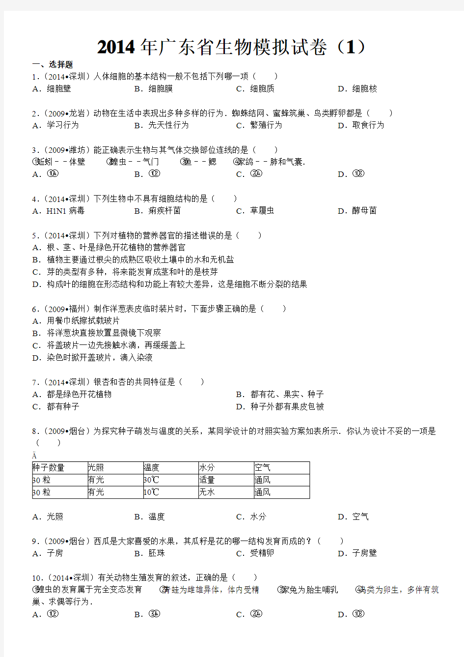 2014年广东省中考生物模拟试卷(1)