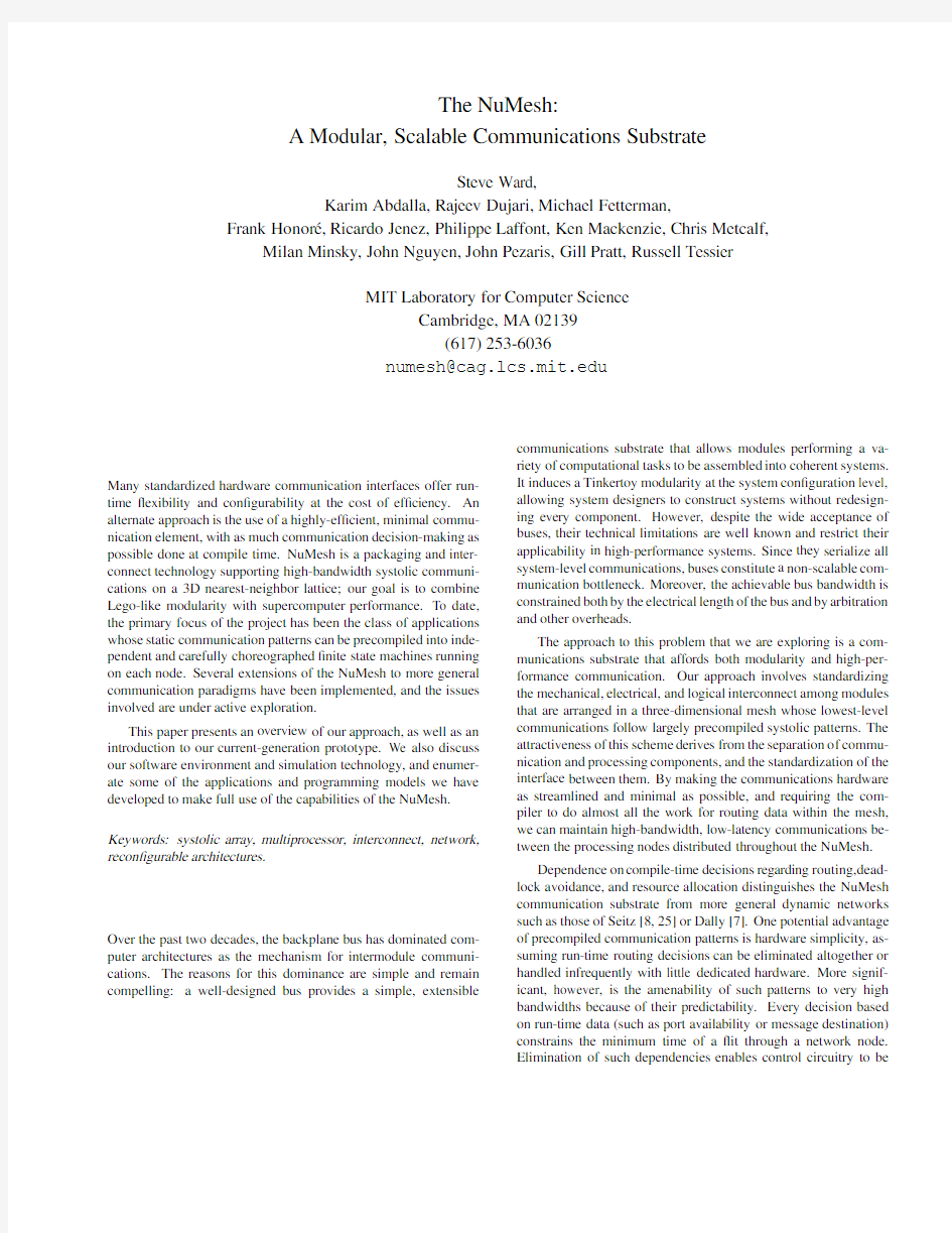 The NuMesh A modular, scalable communications substrate