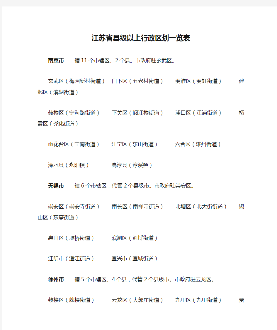 江苏省县级以上行政区划一览表
