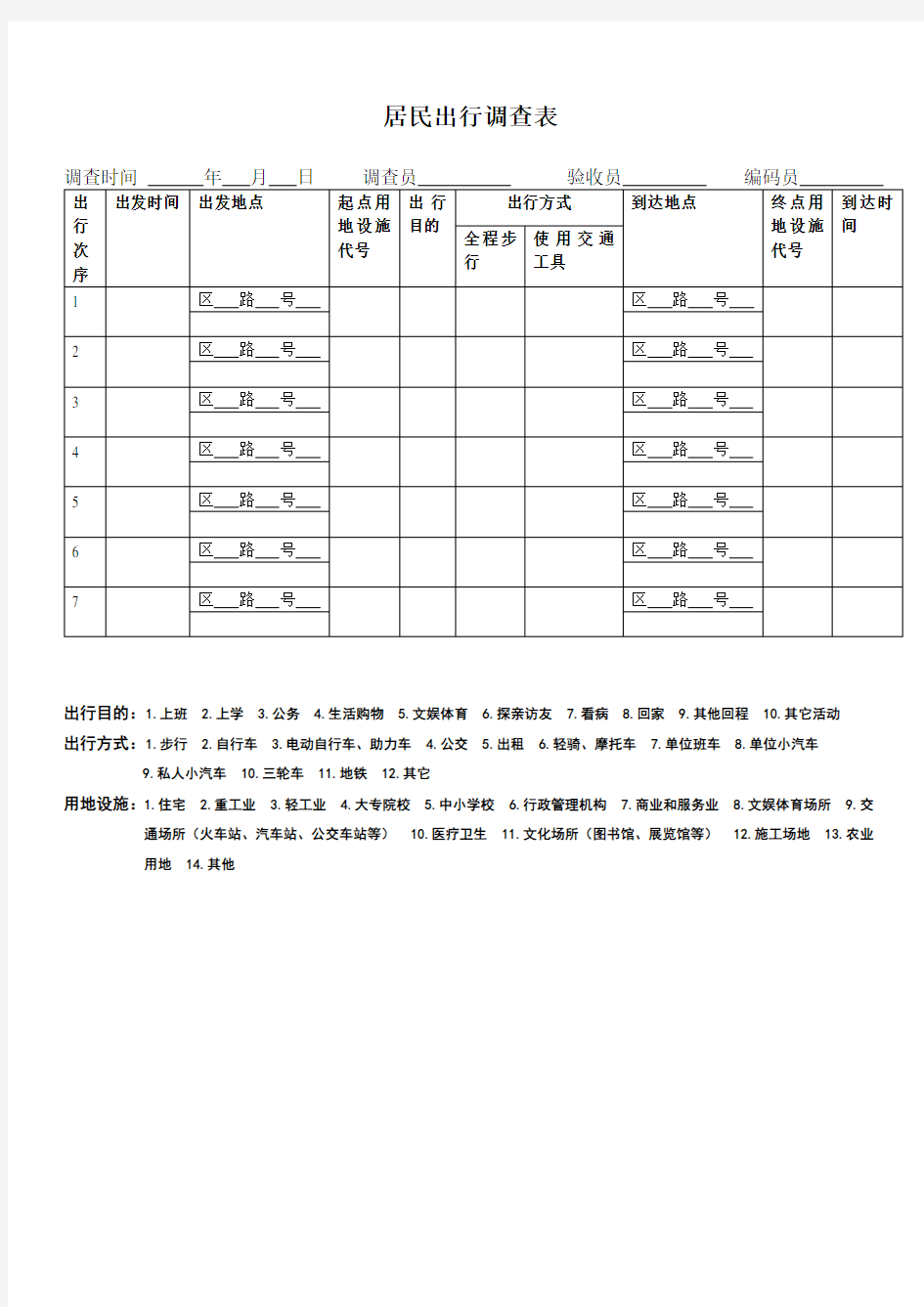 居民出行调查表