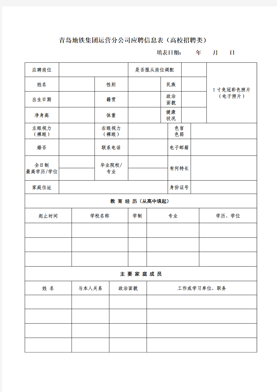 青岛地铁集团运营分公司应聘信息表