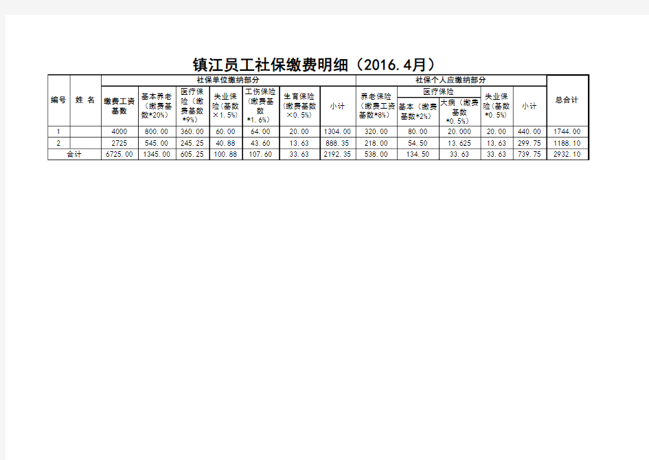 2016镇江员工社保缴费明细表