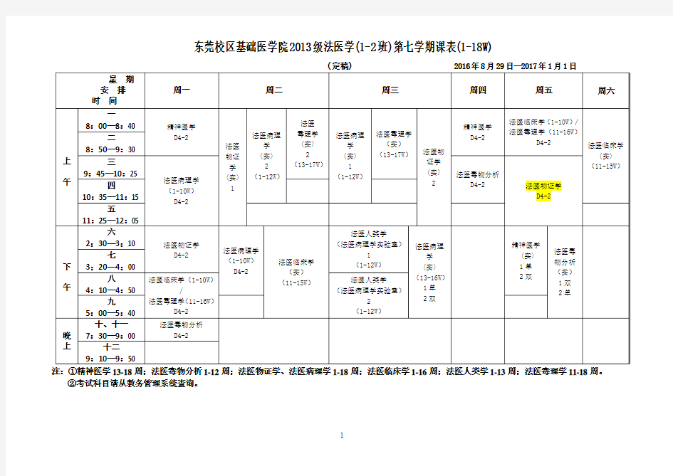 广东医科大学2016-2017学年第一学期课程表(定稿)