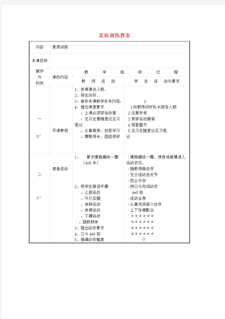 九年级体育 素质训练教案